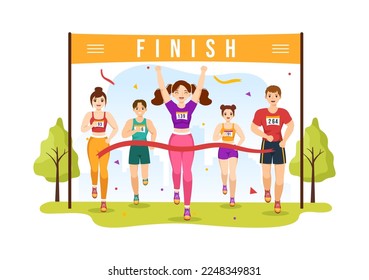 Marathon Race Illustration with People Running, Jogging Sport Tournament and Run to Reach the Finish Line in Flat Cartoon Hand Drawn Template