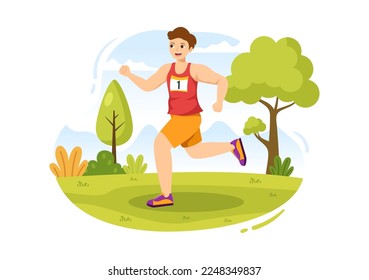 Marathon Race Illustration with People Running, Jogging Sport Tournament and Run to Reach the Finish Line in Flat Cartoon Hand Drawn Template