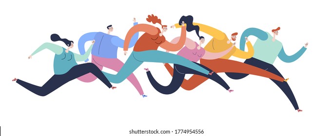 Marathon Race. Outdoor Activities Concept. Sportsmen and Sportswomen Run Marathon. Group of People Running Marathon Distance in Raw. Jogging Competition. Cartoon Flat Vector Illustration