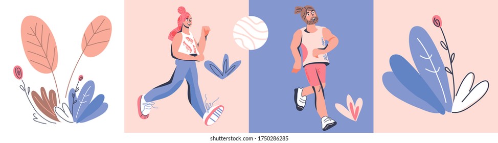 Caricaturistas maratonistas de hombres y mujeres corriendo usando ropa deportiva. Corre el cartel de la competencia y la actividad deportiva. Ilustración vectorial de dibujos animados al estilo moderno.