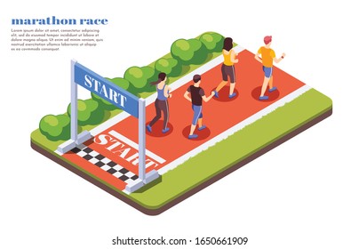 Marathon Race Runners Isometric Composition With Participants Starting Jogging Contest On Sunny Summer Day Text Vector Illustrations 