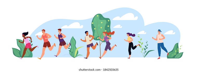 Marathon Race. Running Men and Women in Tracksuits. Colored Isolated Trendy Characters Sportsmen. Vector Flat Cartoon Illustration.