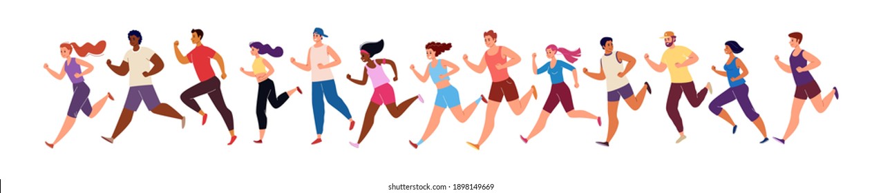 Marathon Race. Running Men and Women in Tracksuits. Colored Isolated Trendy Characters Sportsmen. Vector Flat Cartoon Illustration. - Shutterstock ID 1898149669