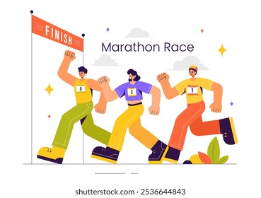 Ilustração de vetor de corrida de maratona com pessoas correndo e correndo em um torneio esportivo, correndo em direção à linha de chegada em um plano de fundo de estilo plano