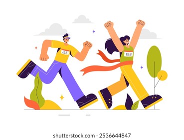 Ilustración vectorial de carreras de maratón con Personas corriendo y trotando en un torneo deportivo, corriendo hacia la línea de meta en un fondo de estilo plano