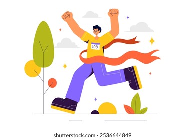 Ilustración vectorial de carreras de maratón con Personas corriendo y trotando en un torneo deportivo, corriendo hacia la línea de meta en un fondo de estilo plano