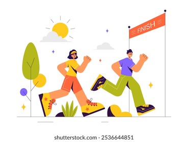 Ilustración vectorial de carreras de maratón con Personas corriendo y trotando en un torneo deportivo, corriendo hacia la línea de meta en un fondo de estilo plano