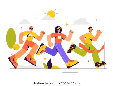 Ilustración vectorial de carreras de maratón con Personas corriendo y trotando en un torneo deportivo, corriendo hacia la línea de meta en un fondo de estilo plano