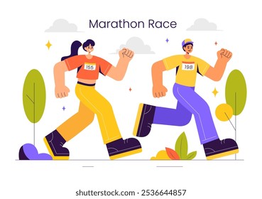 Ilustración vectorial de carreras de maratón con Personas corriendo y trotando en un torneo deportivo, corriendo hacia la línea de meta en un fondo de estilo plano