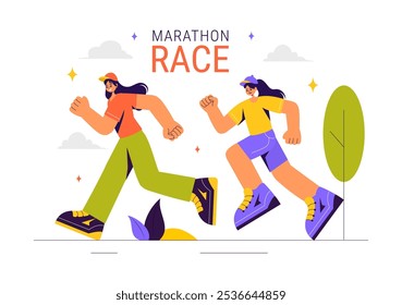 Ilustración vectorial de carreras de maratón con Personas corriendo y trotando en un torneo deportivo, corriendo hacia la línea de meta en un fondo de estilo plano