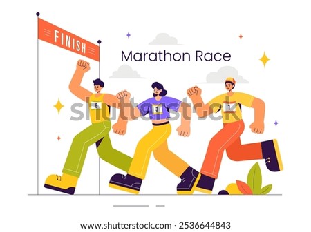 Marathon Race Vector Illustration featuring People Running and Jogging in a Sport Tournament, Racing Toward the Finish Line in a Flat Style Background