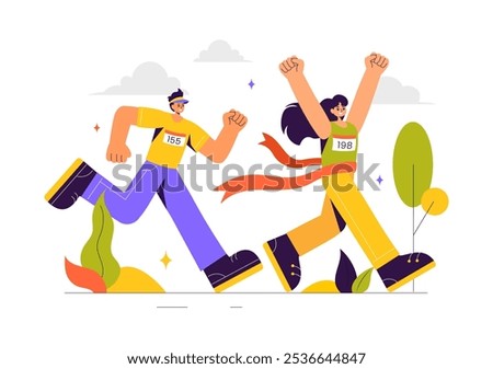 Marathon Race Vector Illustration featuring People Running and Jogging in a Sport Tournament, Racing Toward the Finish Line in a Flat Style Background