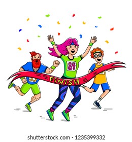 Marathon race. Woman, man and teenager crossing finish line. Cartoon style characters. Runner competiition. Vector illustration.