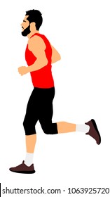 Marathon racer running. Exercise people vector illustration. Healthy lifestyle man. Sport race. Urban runner on the street. Healthcare concept. Jogging after stressful work day. Health young man.