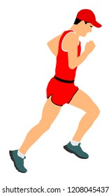 Marathon racer running. Exercise people vector illustration. Healthy lifestyle man. Sport race. Urban runner on the street. Healthcare concept. Jogging after stressful work day. Health young man.