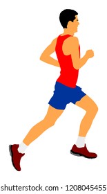 Marathon racer running. Exercise people vector illustration. Healthy lifestyle man. Sport race. Urban runner on the street. Healthcare concept. Jogging after stressful work day. Health young man.