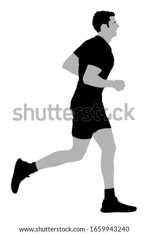 Marathon racer running vector illustration. Exercise people. Healthy lifestyle man. Sport race. Urban runner active on street. Healthcare jogging after stressful work day. Health man run.