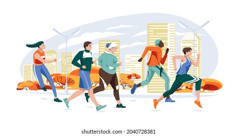Marathon racing group - flat cartoon modern vector illustration of running men and women in autumn city. Marathon race, 5k running, sprint. Creative landing page design template, web banner