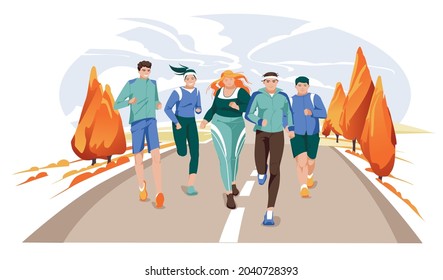 Marathon racing group - flat cartoon modern vector illustration of running men and women in autumn rural road. Open area. Creative landing page design template, web banner 