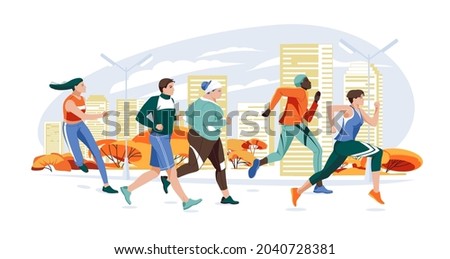 Marathon racing group - flat cartoon modern vector illustration of running men and women in autumn city. Marathon race, 5k running, sprint. Creative landing page design template, web banner