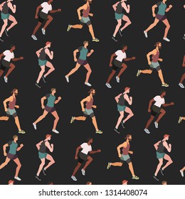 Marathon racing group of men - flat vector illustration. Seamless pattern with running, jogging people that can be used for wrapping, wallpaper, fabric, textile.