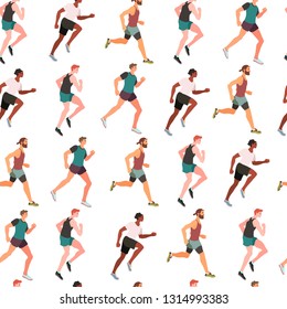 Marathon racing group of men - flat vector illustration. Seamless pattern with running, jogging, racing people that can be used for wrapping, wallpaper, fabric, textile.