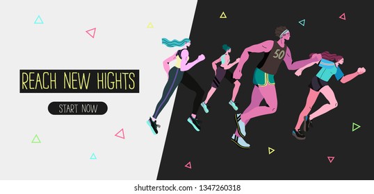 Marathon racing group of men and women - flat vector illustration. Creative landing page and web banner design concept.