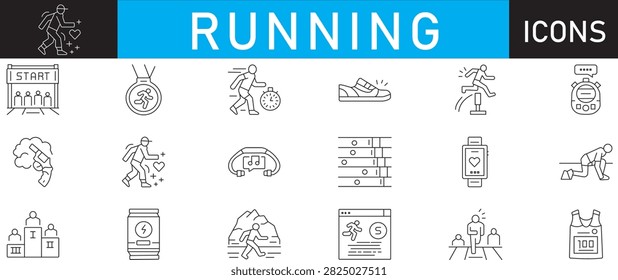 Marathon racing and running event vector line icon set featuring start gate arch, winner medal, runner timing stopwatch, running shoe sneaker, hurdle jump, starter pistol, health tracker, music headphones, race lanes, smartwatch heart rate monitor, starting block stance, podium winners stand, energy drink can, trail mountain running, online event registration page, track finish line, and runner bib vest number. Modern black linear outline graphics designed for sports events, athletics competitions, workout apps, and fitness tracking UI UX isolated on a white background.