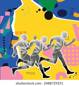 Marathon run collage with abstract elements. Group of running men silhouettes - vector. Sport and active lifestyle colorful background	