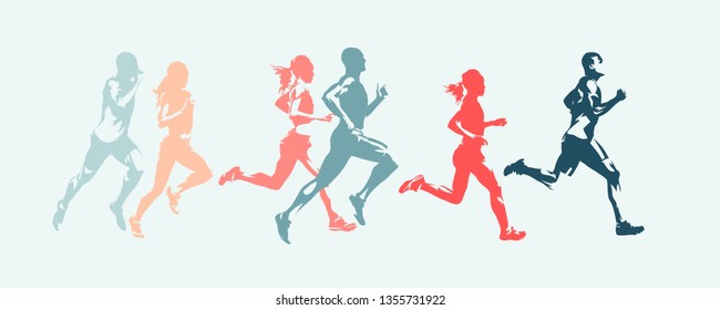 Marathon run  Group running people  men   women  Isolated vector silhouettes