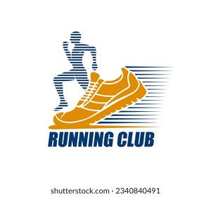 Marathon run sport icon, fitness club symbol. Running sport championship, fitness competition or sprint vector emblem. Athletic club or gym symbol or sign with sneakers, man athlete silhouette