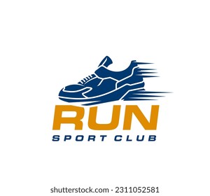 Marathon run sport icon with runner athlete shoe. Vector running sport club isolated symbol with blue silhouette of runner sneaker and speed trails. Marathon, jogging, running race or sprint badge