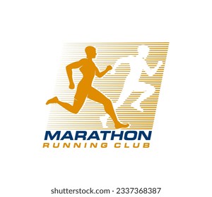 Marathon run sport icon of runner man silhouette, health club vector emblem. Marathon run club or jogging race and speed sprint sport competition badge with running man silhouette of athletic sprinter