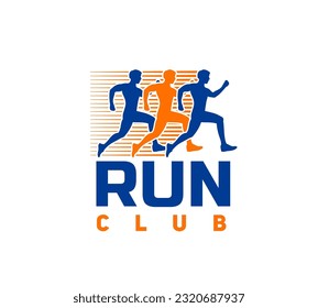 Marathon run sport icon, runners club or fitness races and athlete jogging sprint, vector silhouette badge. Marathon or sport speed run club label with running men sprinters on marathon challenge