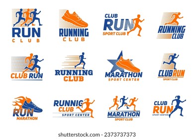 Icono deportivo de maratón con atletas vectoriales. Siluetas de color de hombres y mujeres corriendo, zapatillas de deporte y símbolos aislados de estrellas de correr, correr, maratón o correr, signo de competencia de carreras de pies