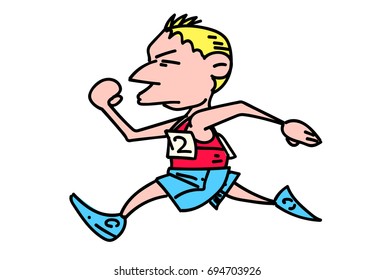 Marathon runner cartoon hand drawn image. Original colorful artwork, comic childish style drawing.
