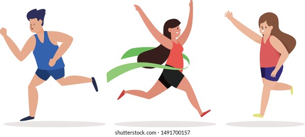 marathon runner character set with man women run to victory flat design