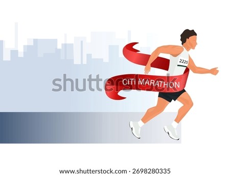 Marathon runner crossing finish line with winner ribbon