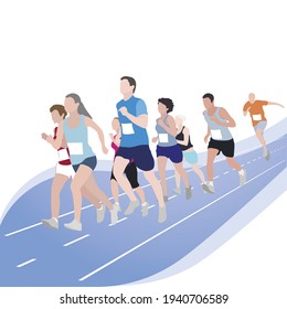 Marathon Läufer Event, Wettkampfsport laufen. Wettkampfübung, 5k-Sportereignis, Speed-Walking und Laufen im Freien, Sportlerin und Mann. Vektorgrafik