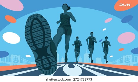 Marathon runner illustration with dramatic low angle perspective, showing the leading athlete in dynamic motion. Modern flat vector sport poster design with Aesthetic colorful theme, ideal for running events, race promotion, fitness campaigns, and athletic motivation.