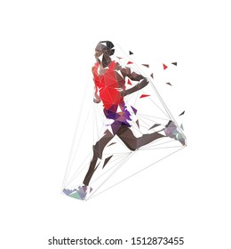 Marathon runner, low polygonal isolated vector illustration, side view. Geometric african american running athlete