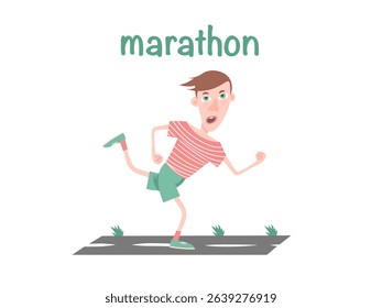 Marathon runner, male running on road, sport race concept, vector illustration