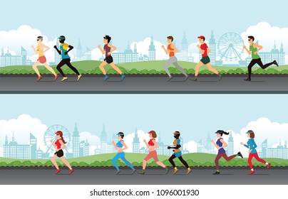 Marathon runner men and women on the street, sport and competition vector illustration.