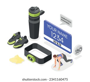 Marathon runner outfit isometric composition consisting of sneakers sport water bottle and other running accessories vector illustration