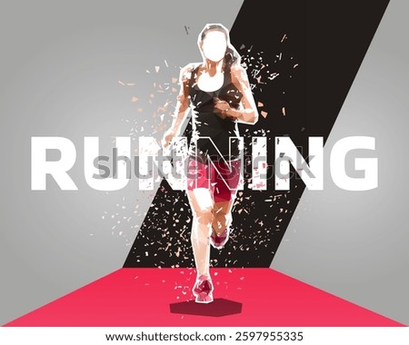 Marathon runner, run graphic design, woman running low polygonal illustration. Sports web banner, healthy lifestyle
