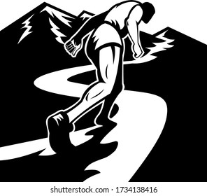 Marathon Runner Running Up Mountain Black and White