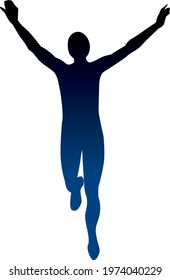 Marathon Runner running in race,  black and blue man on white background, celebrating victory, vector illustration