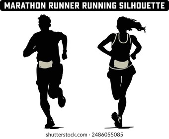 Marathon Runner Running Silhouette, Marathon run. Group of running people, men and women. Isolated vector silhouettes. People running silhouette, Running exercise healthy lifestyle.