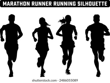 Marathonläufer Silhouette, Marathonlauf. Gruppe von Laufenden, Männer und Frauen. Isolierte Vektorgrafik Silhouetten. Menschen, die Silhouette laufen, Laufen, Bewegung, gesunder Lebensstil.