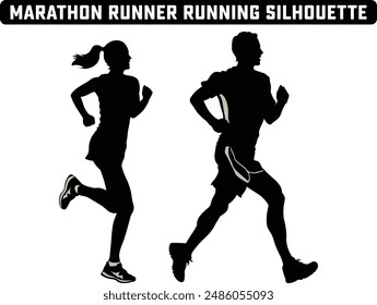 Corredor de maratón corriendo silueta, carrera de maratón. Grupo de corredores, hombres y mujeres. Siluetas de Vector aisladas. Personas correr silueta, Correr ejercicio estilo de vida saludable.